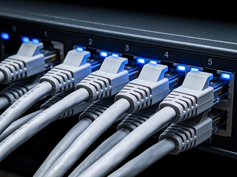 A close-up view of a network device with several grey Ethernet cables plugged into active ports.