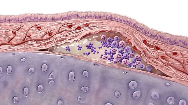 3D medical illustration of bacterial infection in nasal cavity mucosa showing a localized abscess containing purple bacteria and white blood cells in a detailed anatomical cross section view