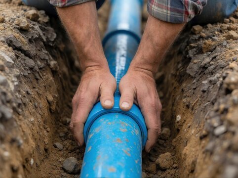 A close-up view of a worker installing a section of blue PVC pipe in a narrow earthen trench.