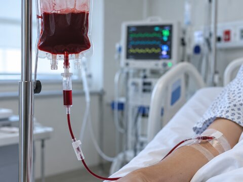 A close-up view of a blood transfusion in progress for a patient lying in a clinical hospital bed.