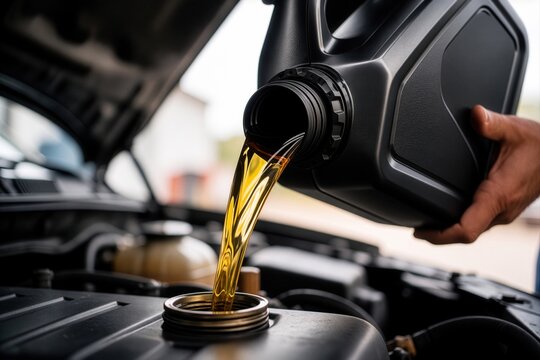 A close-up view of fresh golden engine oil pouring from a plastic container into an open car engine.