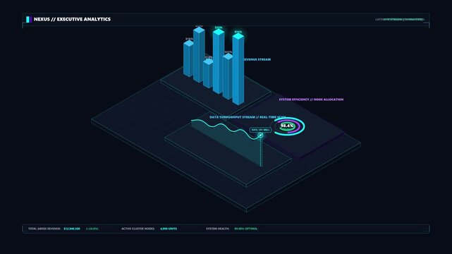Futuristic 3D data visualization dashboard showing real time revenue analytics and financial metrics