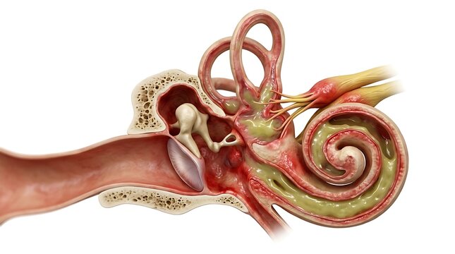 3D medical render of the inner ear anatomy showing bacterial labyrinthitis with yellow green pus filling the cochlea and semicircular canals amidst red inflamed tissue