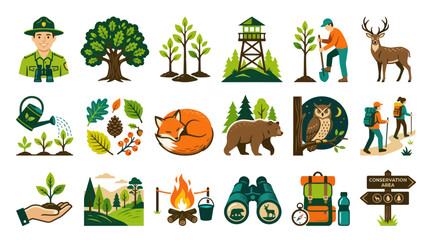Fototapeta premium Flat Vector Icons of Nature, Wildlife, and Outdoor Activities for Conservation