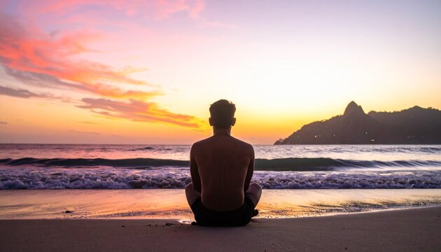 A young man sitting in a meditative pose on a sandy beach observing the calm ocean waves during a vibrant and colorful golden hour sunrise