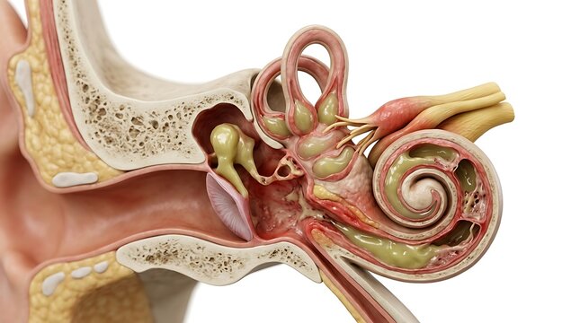 Detailed medical 3D render of human ear anatomy showing inner ear infection with yellow fluid accumulation in the cochlea and semicircular canals, illustrating pathological auditory system