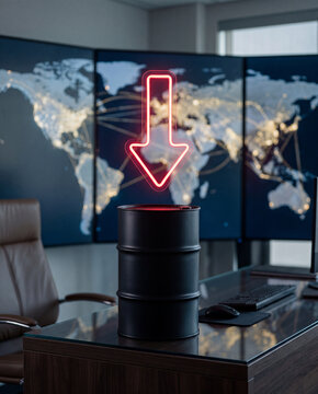 Global Market Downward Trend: A stark visual metaphor for economic decline, depicting a barrel of oil beneath a glowing red downward arrow.