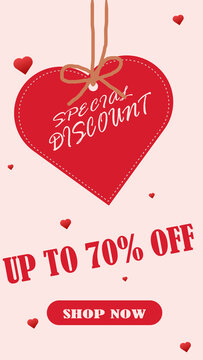 Red heart shape tag with special discount up to seventy percent off for valentine day