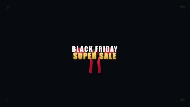Premium 2D motion graphics animation featuring a realistic satin red and black gift ribbon surrounded by four-corner localized gold particle explosions framing bold BLACK FRIDAY SUPER SALE typography