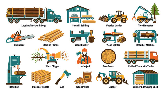 Flat Vector Icons: Lumber Industry Equipment, Tools, and Wood Products