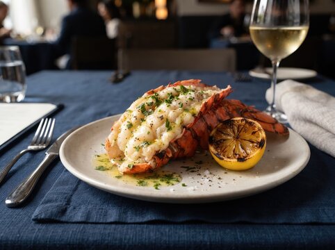 Gourmet lobster tail with lemon and white wine in restaurant.