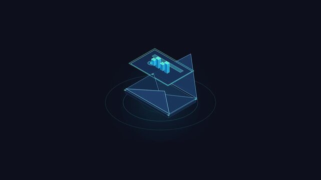 Isometric 3d digital envelope opening to reveal financial report chart graph hologram