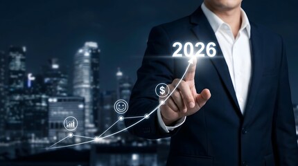 Fototapeta premium Businessman touching 2026 on a growth chart in city skyline