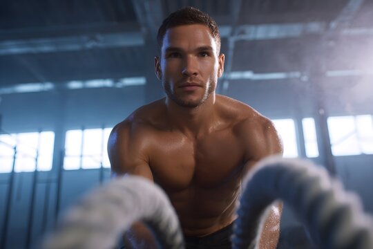 Muscular Man Exercising with Battle Ropes in Industrial Gym for Strength and Fitness Workout