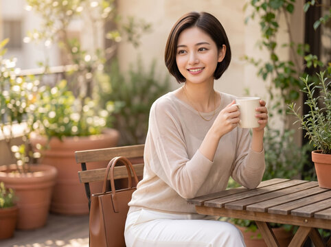 テラスの木製テーブルでコーヒーを飲みながら笑顔を見せる女性
