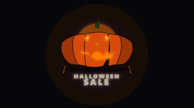 Neon Jack-o'-Lantern with glowing orange eyes and mysterious HALLOWEEN SALE typography, activated by supernatural energy pulses on a solid dark background. Premium seamless Halloween promotional anima