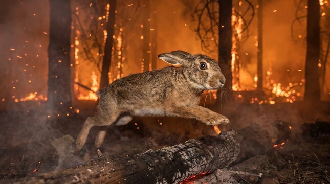 Wild Hare Leaping Over Burning Log in Blazing Forest Fire