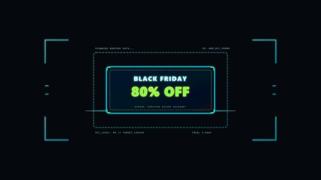 Futuristic holographic HUD scans a barcode and reveals a bold Black Friday 80% Off discount badge on a dark background in a seamless promotional animation loop.