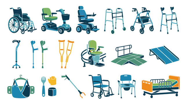 Medical Aids Flat Icon Set: Wheelchairs, Crutches, Walkers, Hospital Bed, Ramps