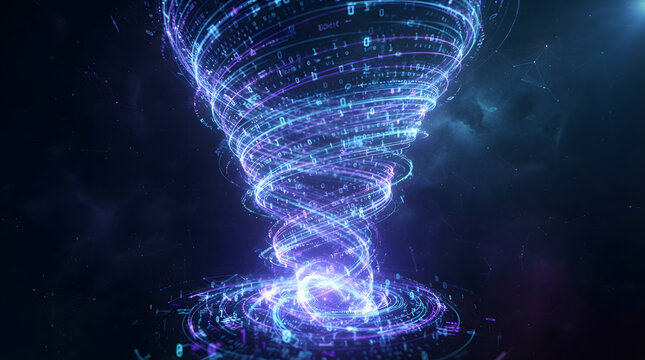 Vortex of glowing blue light particles forming a swirling tornado against a dark backdrop with energy vortex digital storm abstract swirl quantum energy