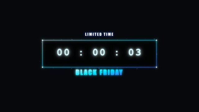 Premium 8-second seamless loop Black Friday promotional animation featuring a perfectly aligned straight rectangular neon digital countdown timer with decrementing digits (08 to 01), pulsing glow, ene