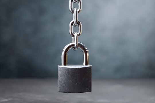 Secure Steel Padlock Hanging from Metal Chain against Dark Background for Cybersecurity