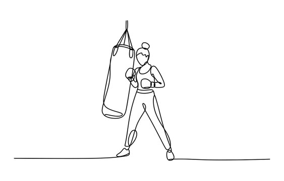 Continuous line drawing of a fit woman training and boxing with a punching bag for exercise and fitness in a simple minimalist style illustration