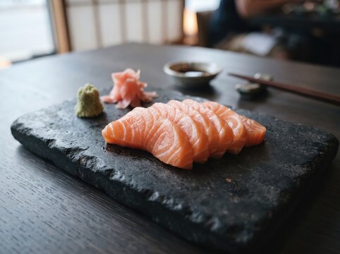 Sashimi salmon slices with wasabi and pickled ginger on stone.