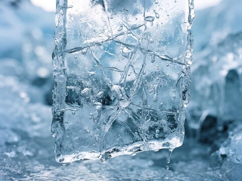 Close up of a large clear ice block with internal fractures and water droplets.