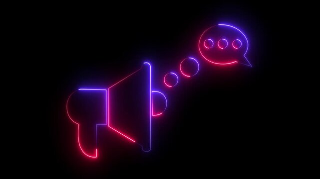 neon glowing hand speaker animated on black background. Megaphone icon neon light sound icon, audio, speaker icon 4k animation.