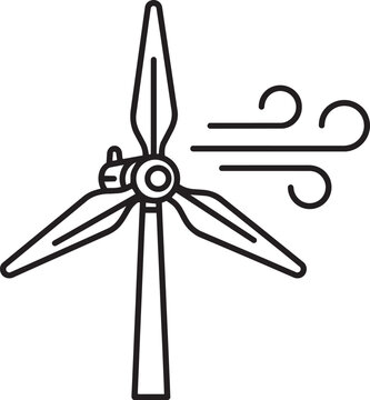 Art & Illustration, Outline vector icon of a wind turbine with blowing wind representing renewable wind energy production.
