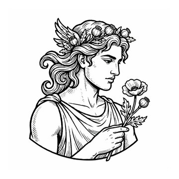 Greek God Hypnos Holding Poppy Flowers in Vintage Engraving Style Illustration for Mythology Art Print and Graphic Design