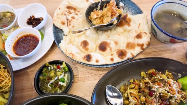Burmese Cuisine Spread with Tofu Nway and Flatbread