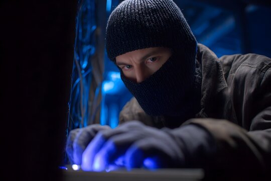 Hacker Wearing Balaclava Typing Rapidly on a Glowing Computer Keyboard in the Dark