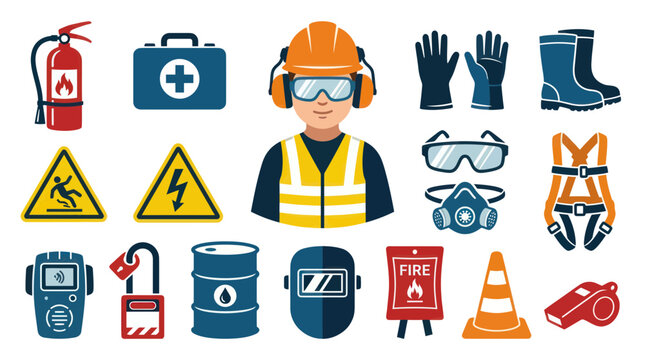 Occupational Health and Safety (OHS) Flat Vector Icons Set. Industrial PPE, Warning Signs  Worker Tools Collection.