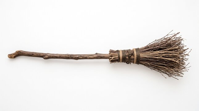 Rustic Handmade Broomstick with Twig Bristles Tied with Twine on a White Background vector illustration