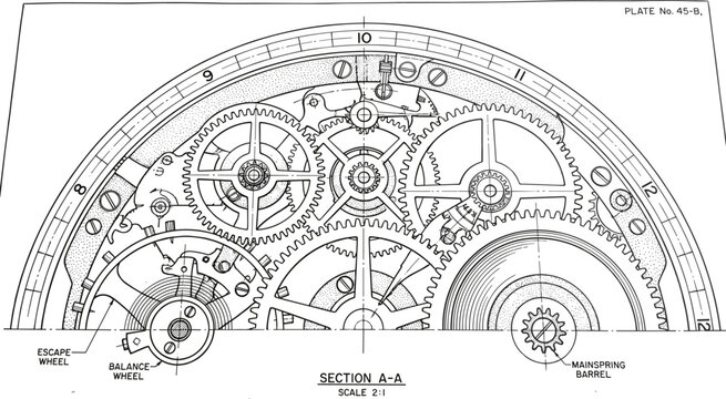 Vintage mechanical clock movement technical blueprint cross section with escape wheel balance wheel mainspring barrel and gear train line art vector isolated on white background
