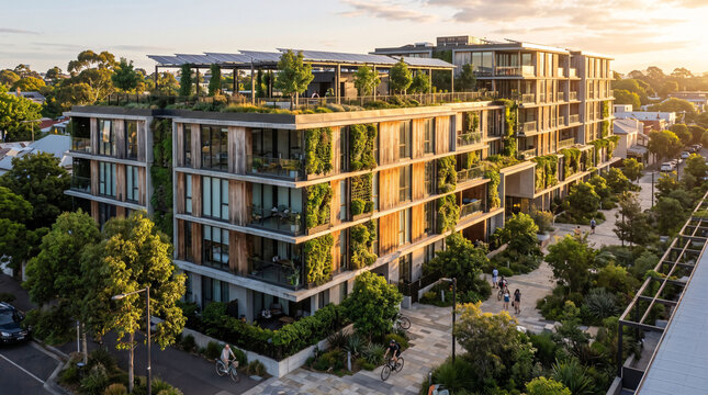 Sustainable city living with solar powered apartments green roofs landscaped walkways bicycles and contemporary residential architecture during golden hour concept