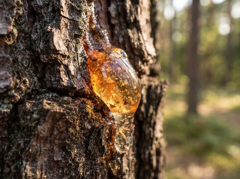 Tree resin sap globule glowing warm amber in sunlit forest background.
