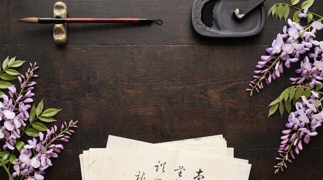 紫藤の花と書道道具が配置されたダークウッドの和風フラットレイ（コピースペース付き）