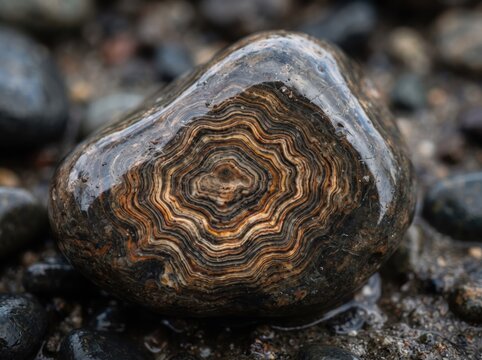 Polished agate stone wet pebble with concentric rings colorful layers beach find.