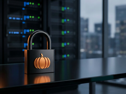 Black security padlock with glowing orange pumpkin symbol in a modern server room data center