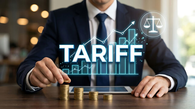 Businessman building coin stacks with tariff growth chart and law symbol