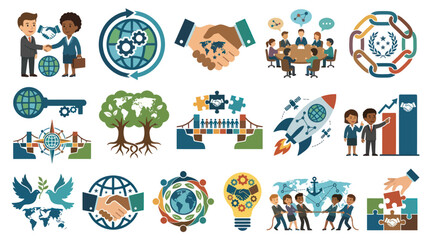 Obraz premium Business Collaboration Concept Icons: Global Partnership, Teamwork, Rocket Launch, Finance Growth