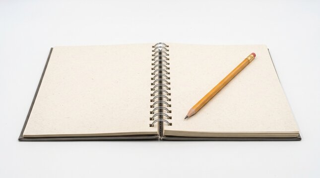 Open spiral bound notebook with blank pages and a yellow pencil on a white background vector illustration