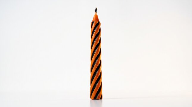 Single Orange and Black Striped Spiral Birthday Candle with Unlit Wick on White Background vector illustration