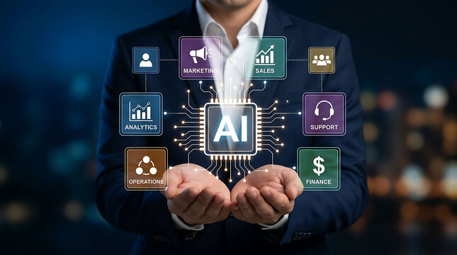 Businessman holding glowing AI chip with business department icons integration