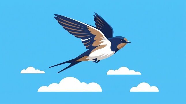 Swallow bird flying over fluffy white clouds