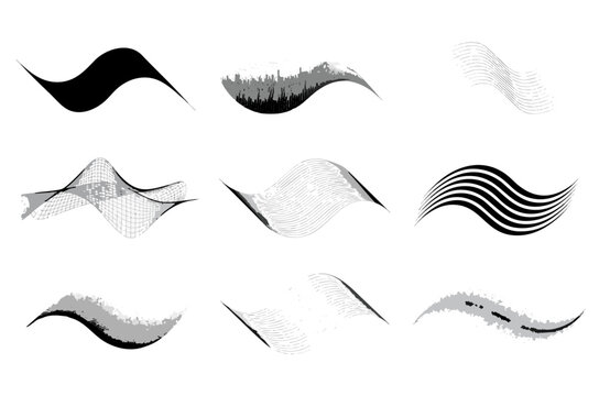 Abstract wave vector shapes collection. Features curved lines, halftone dots, and textured strokes. Black and white graphic design elements for modern branding and dynamic art.
