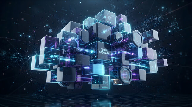 Futuristic abstract data structure composed of glowing interconnected geometric blocks with abstract technology digital geometry connected blocks big data